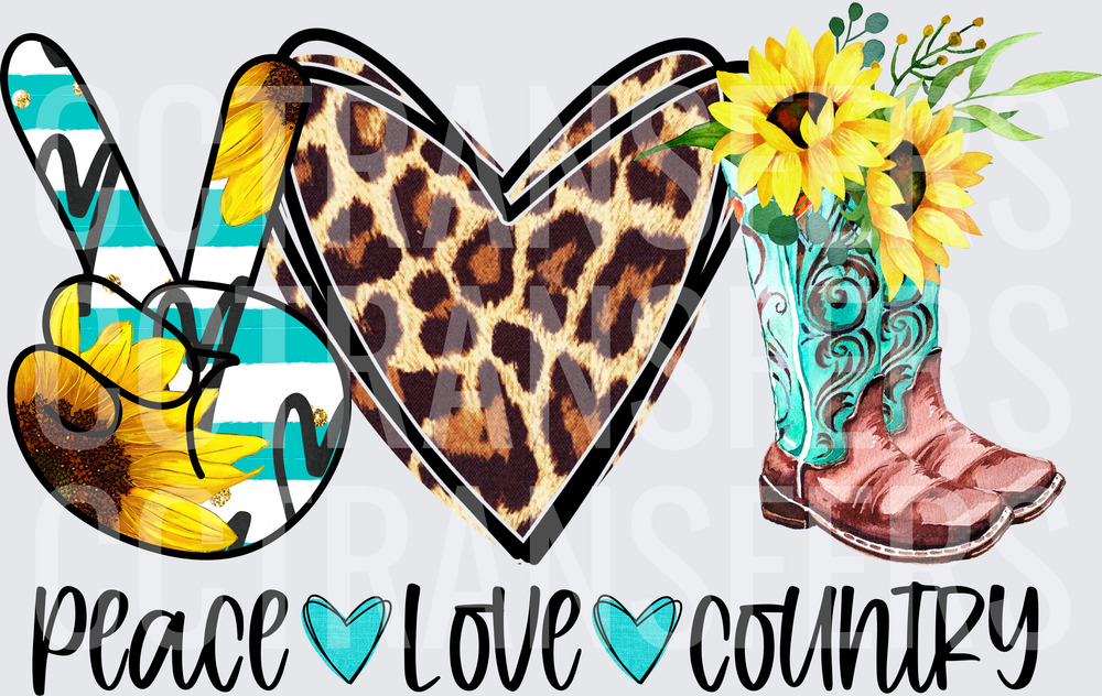 Peace Love Country Sunflower Leopard Heart Cowboy Boots (DTF)