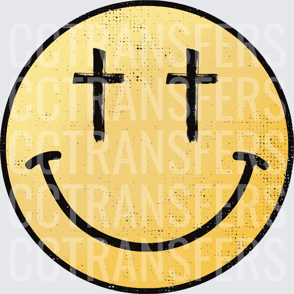 Distressed Gold Smiley Face with Cross Eyes (DTF)