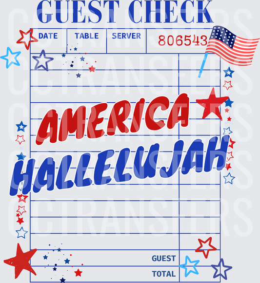 America Hallelujah Patriotic Guest Check Stars Flag (DTF)