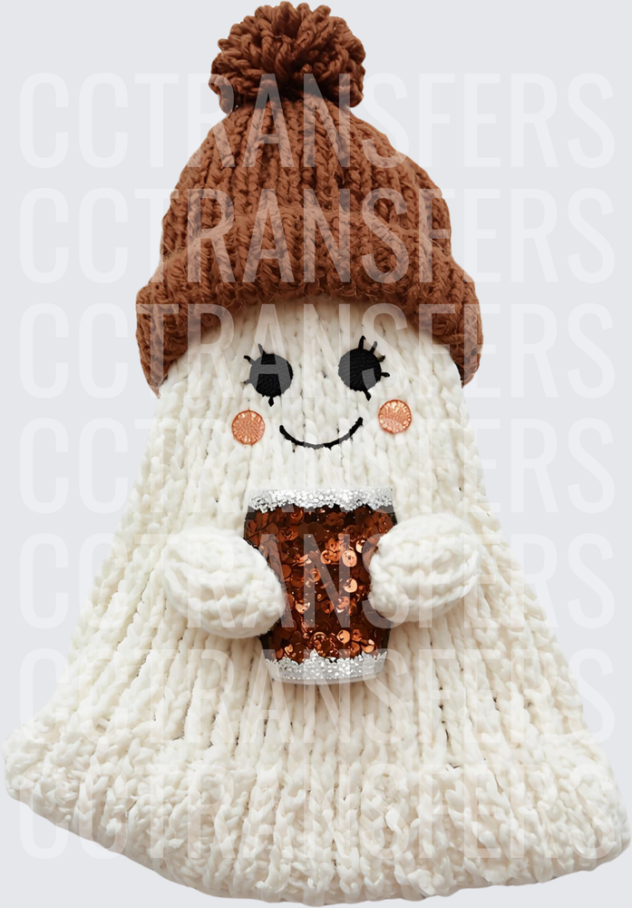 Cozy Knit Ghost Beanie Coffee Cup Fall (DTF)