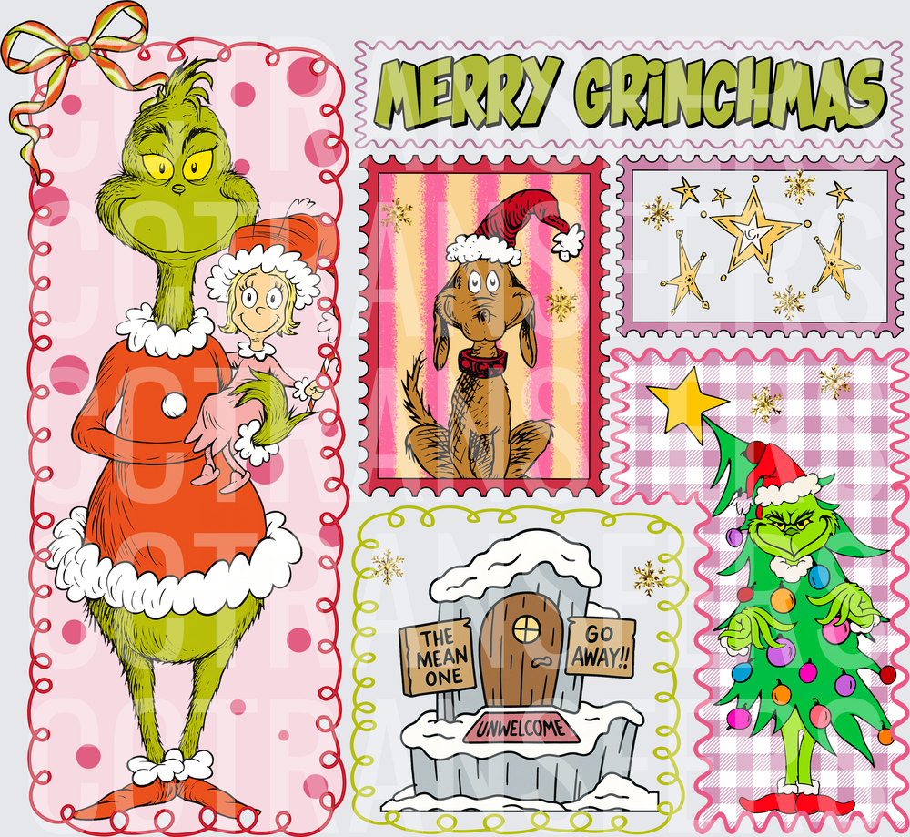 Merry Grinchmas G-Man Holiday Stamp Collage Pink Plaid (DTF)