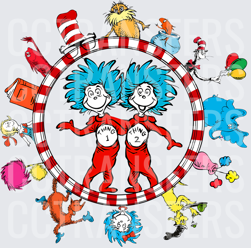 Thing 1 and Thing 2 Whimsical Characters Circle Collage (DTF)