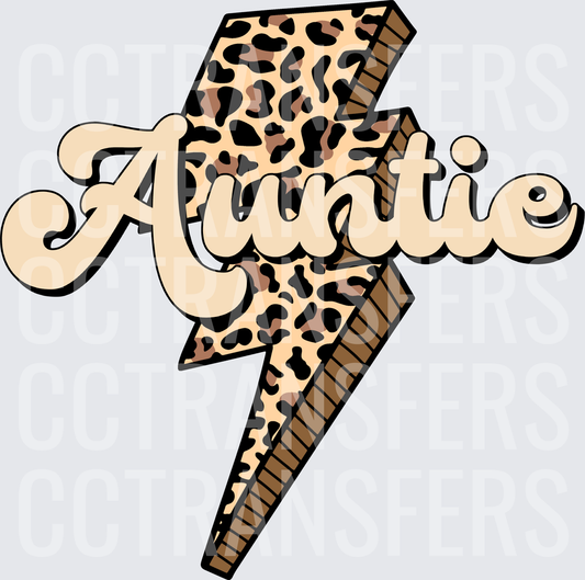 Auntie Leopard Print Lightning Bolt Retro Script (DTF)