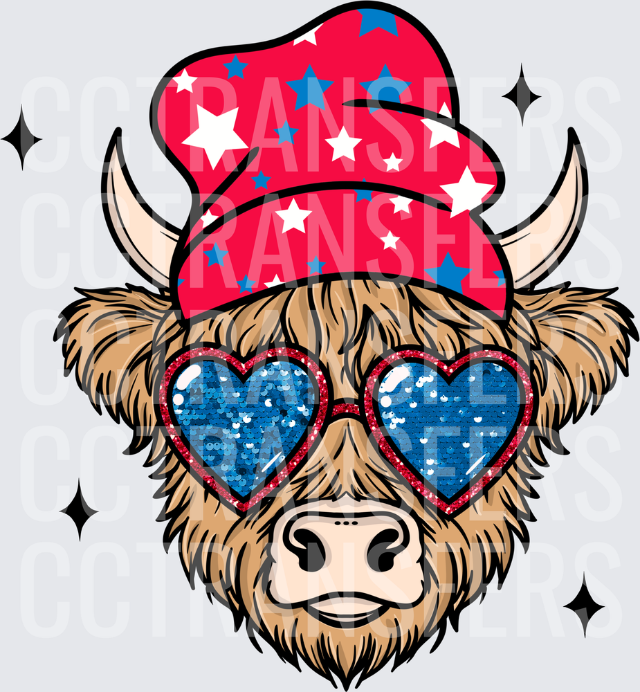Patriotic Highland Cow Heart Sunglasses Stars Hat (DTF)