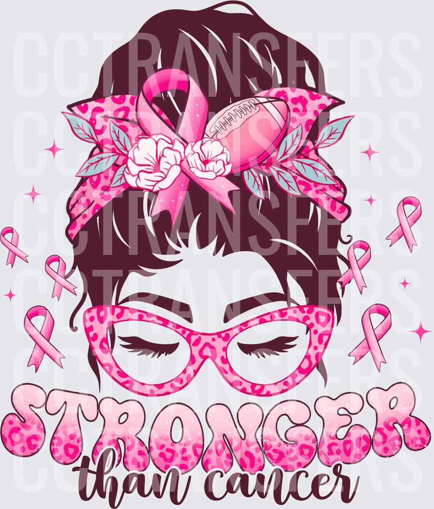 Stronger Than Cancer Messy Bun Football Pink Ribbon (DTF)