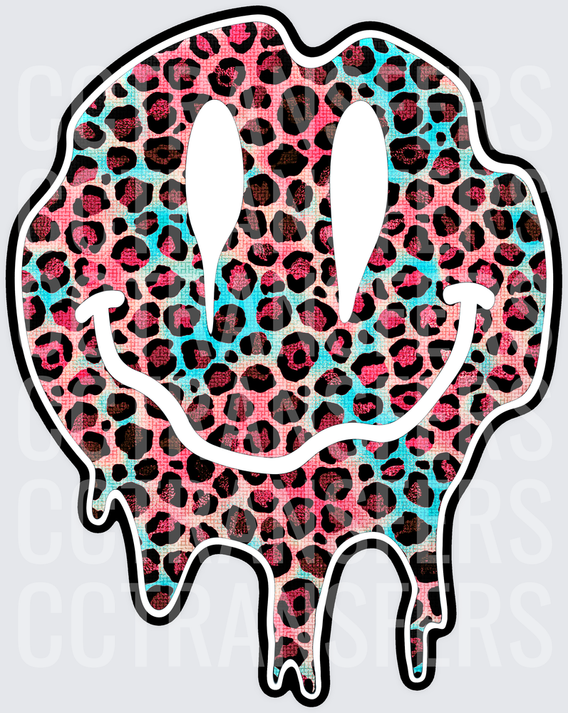 Melting Smiley Face Pink Teal Leopard Print Drip (DTF)
