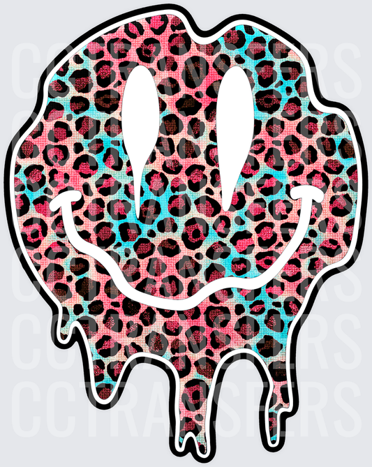 Melting Smiley Face Pink Teal Leopard Print Drip (DTF)