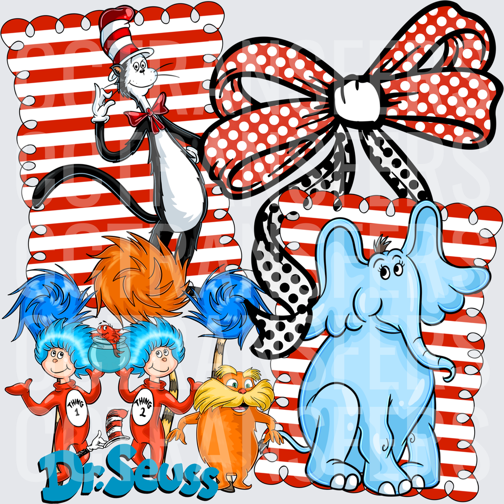 Whimsical Storybook Characters Red Stripe Bow Collage (DTF)