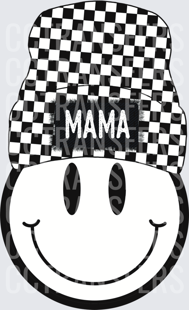 Mama Smiley Face Black White Checkered Beanie Hat (DTF)
