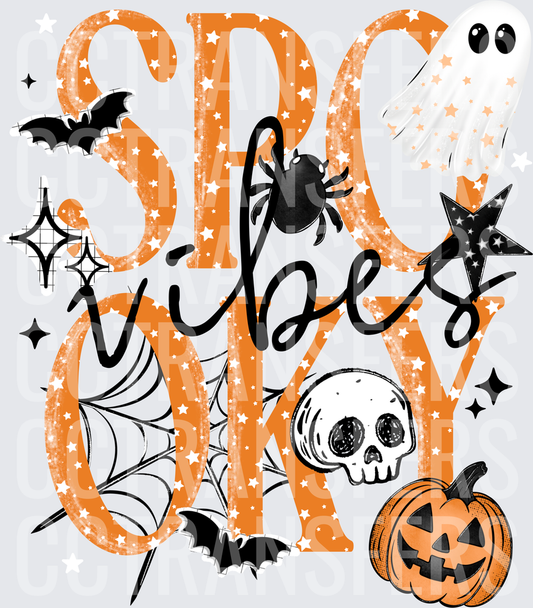 Spooky Vibes Halloween Ghost Skull Pumpkin Bat Design (DTF)