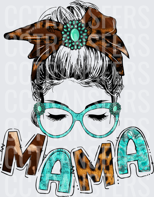Mama Messy Bun Woman Leopard Turquoise Bandana (DTF)