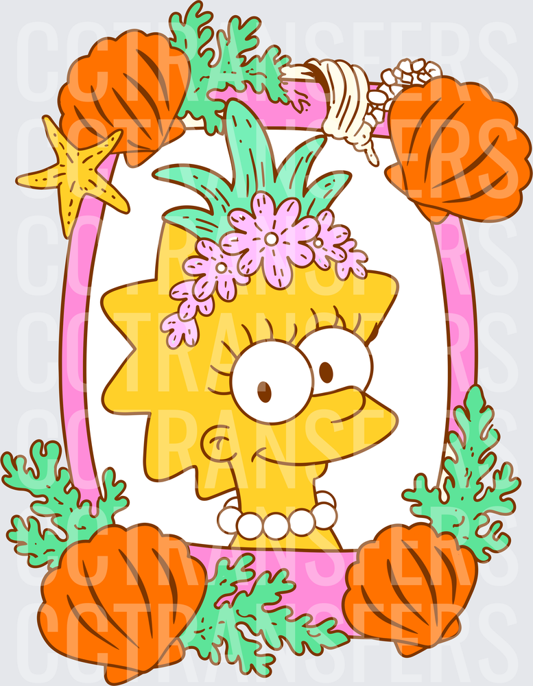 Yellow Cartoon Girl Mermaid Ocean Frame Flowers Shells (DTF)