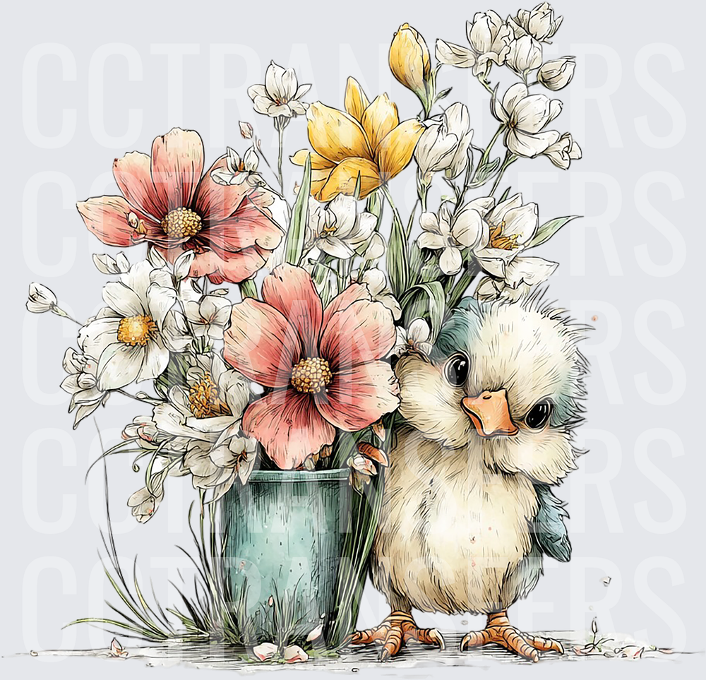 Fluffy Baby Chick Beside Spring Flower Bouquet Bucket (DTF)