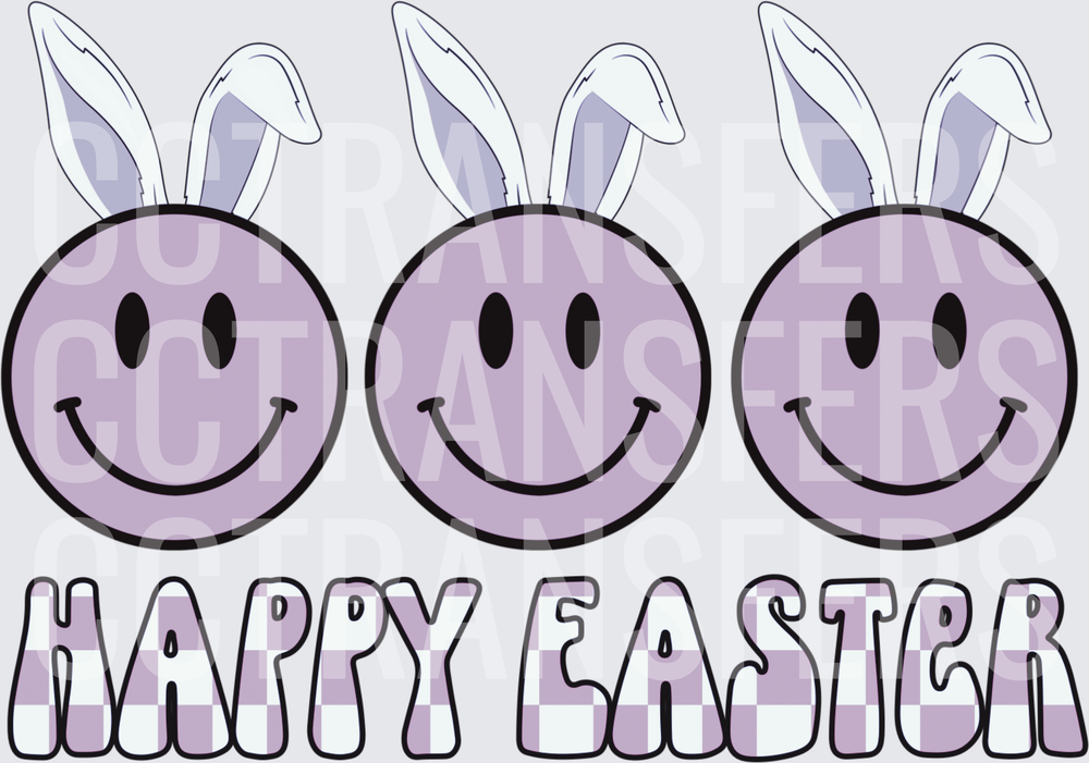 Happy Easter Triple Bunny Ear Smiley Faces Purple Checkered (DTF)