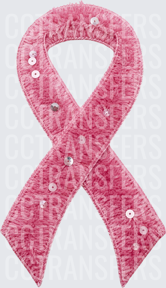Embroidered Pink Awareness Ribbon with Silver Sequins (DTF)