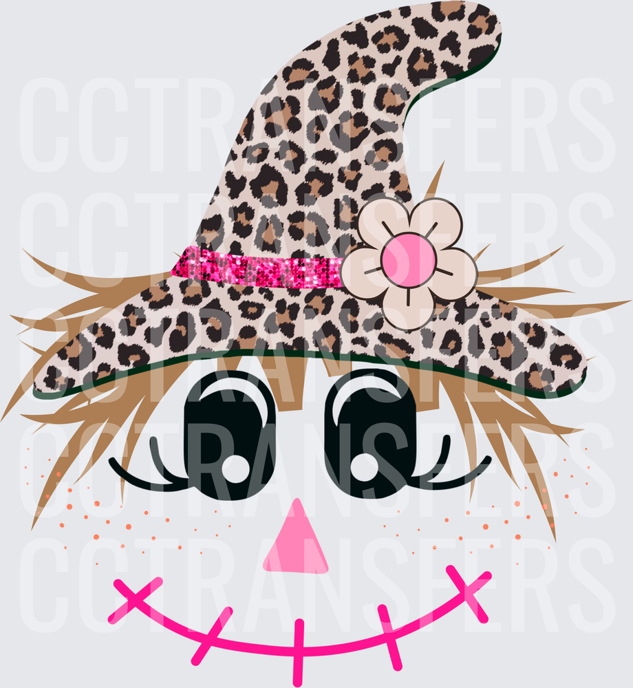 Cute Scarecrow Face Leopard Witch Hat Pink Stitched Smile (DTF)