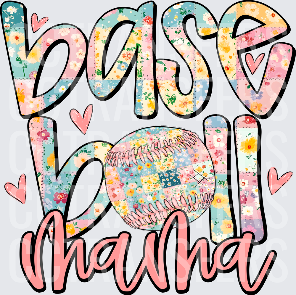 Floral Patchwork Baseball Mama with Hearts (DTF)