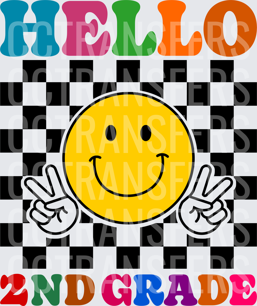 Hello 2nd Grade Smiley Face Peace Sign Checkered (DTF)
