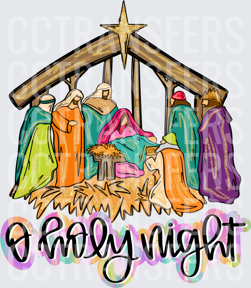 O Holy Night Colorful Nativity Scene Gold Star Manger (DTF)