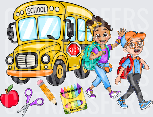 Back to School Kids Yellow School Bus Supplies (DTF)