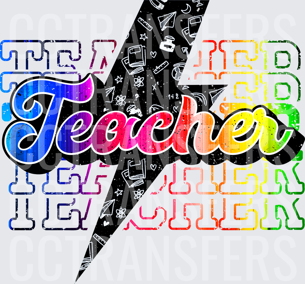 Rainbow Teacher Script Lightning Bolt School Icons (DTF)