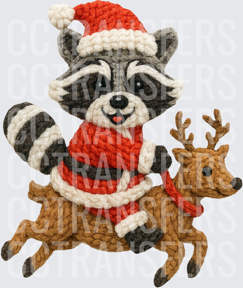 Crochet Style Raccoon Santa Riding Reindeer (DTF)