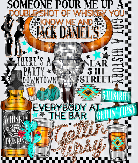 Gettin Tipsy Double Shot Whiskey Western Bull Skull (DTF)