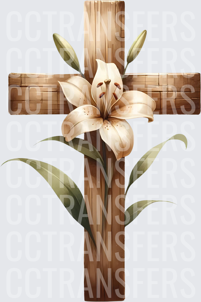 Wooden Cross with Easter Lily Floral Watercolor (DTF)