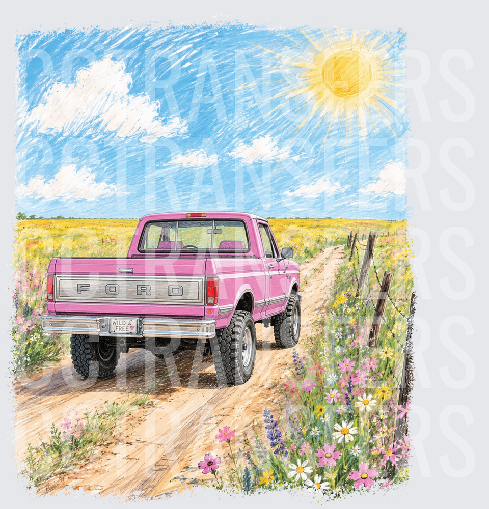 Pink Lifted Pickup Wild & Free Dirt Road Wildflowers (DTF)