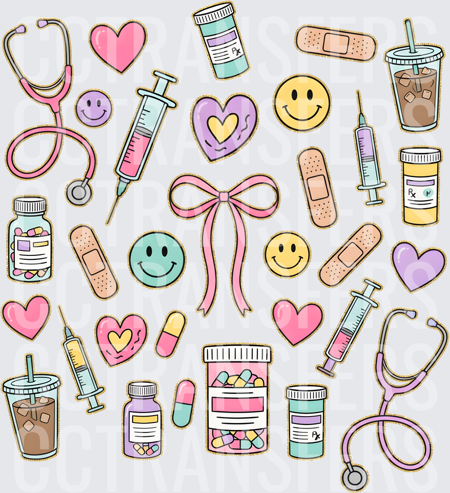 Pastel Nurse Medical Icons Smiley Faces Bow Collage (DTF)