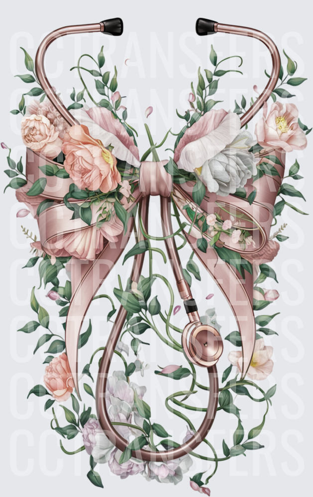 Rose Gold Stethoscope Floral Bow Botanical Wreath (DTF)