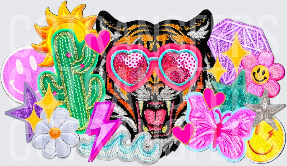 Roaring Tiger Heart Sunglasses Patch Collage Cluster (DTF)