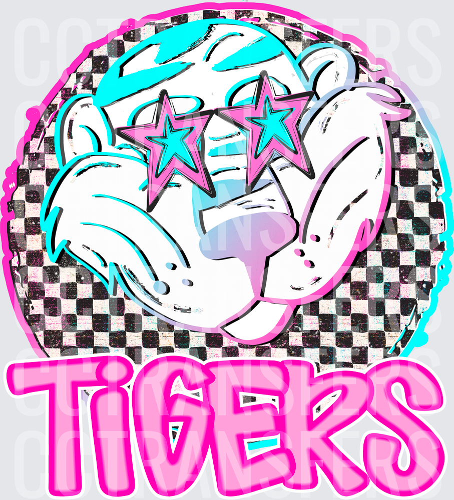 Retro Pink Tigers Mascot Star Sunglasses Checkered (DTF)