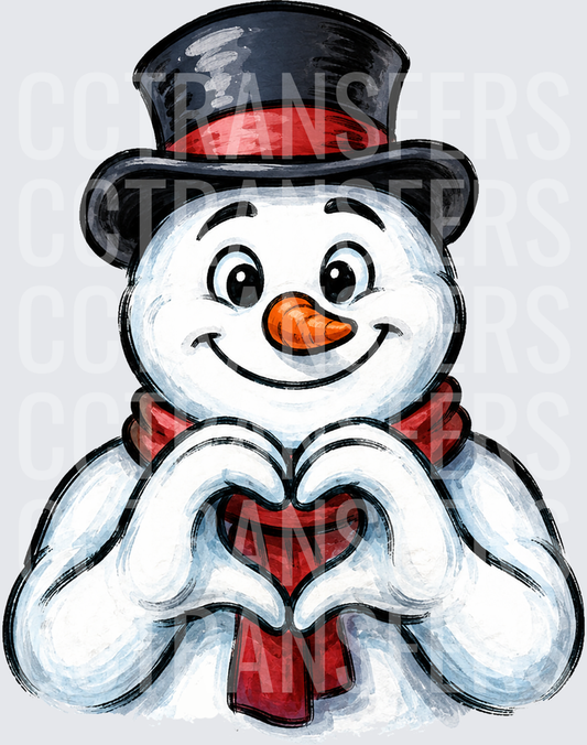 Snowman Black Top Hat Red Scarf Heart Hands (DTF)