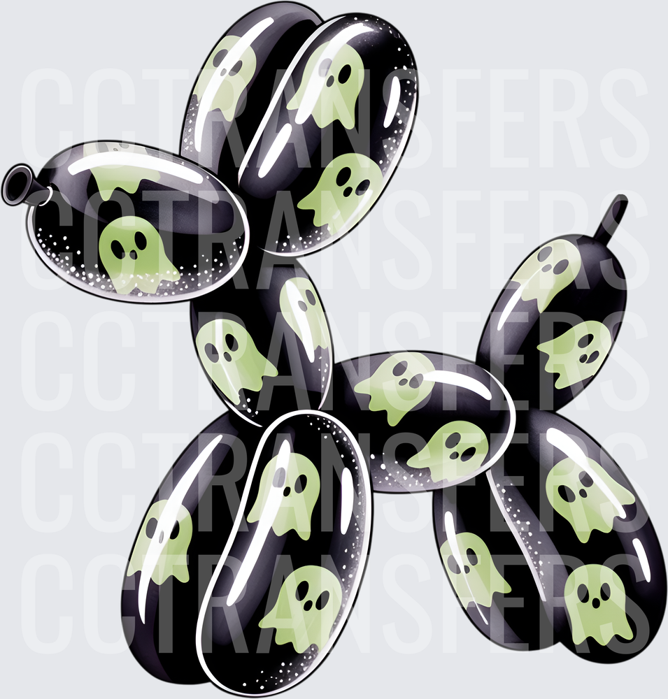 Black Halloween Balloon Dog with Green Ghosts (DTF)