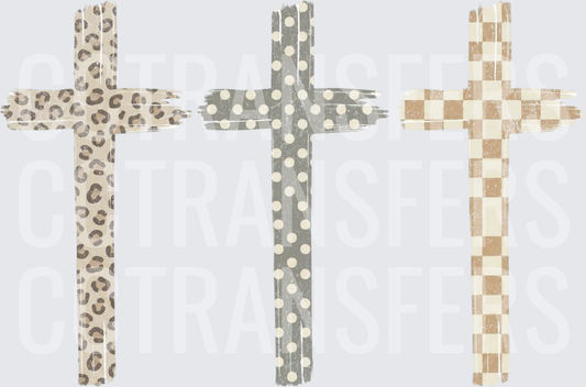 Three Patterned Crosses Leopard Polka Dot Checker Distressed (DTF)