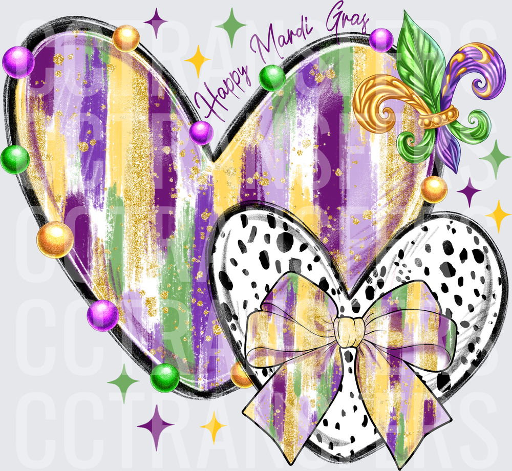 Happy Mardi Gras Purple Gold Green Hearts Bow Beads (DTF)
