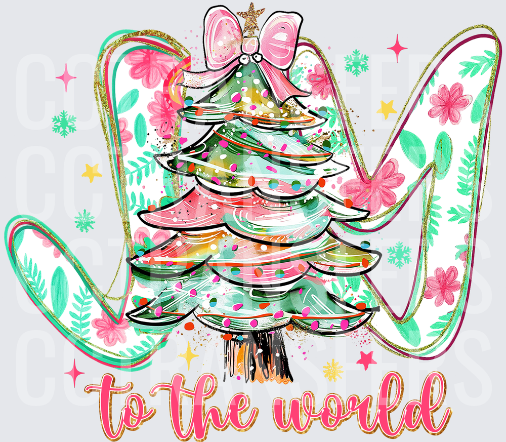 Joy To The World Floral Christmas Tree Pink Bow (DTF)