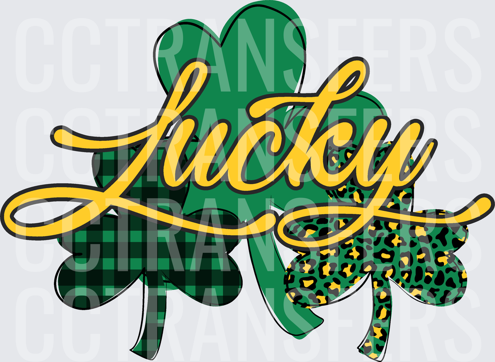 Lucky Script Three Shamrock Buffalo Plaid Leopard Print (DTF)