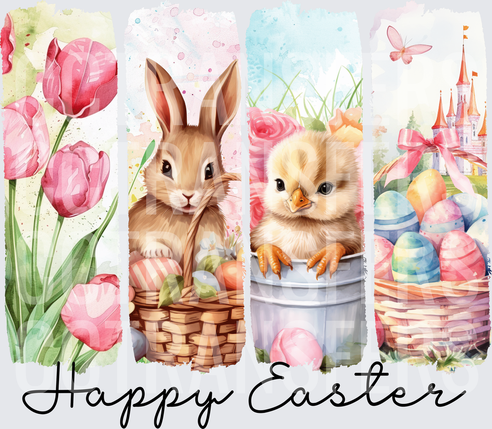 Happy Easter Watercolor Bunny Chick Tulips Eggs (DTF)