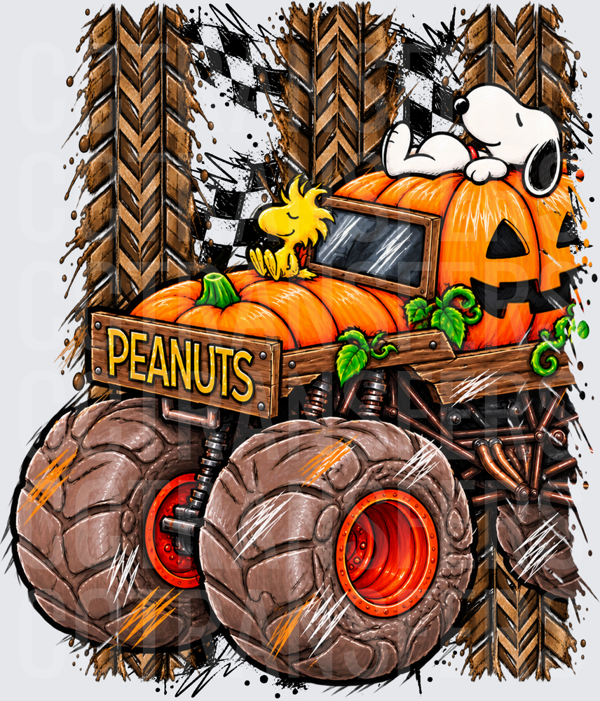 Halloween Pumpkin Monster Truck with Cartoon Dog & Bird (DTF)