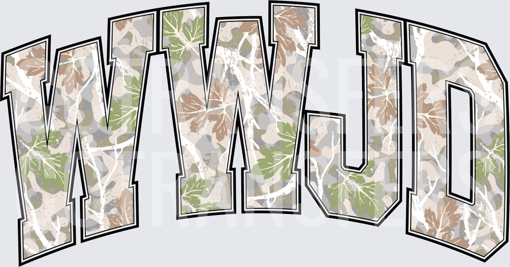 WWJD Arched Varsity Letters Woodland Camo Leaf Print (DTF)