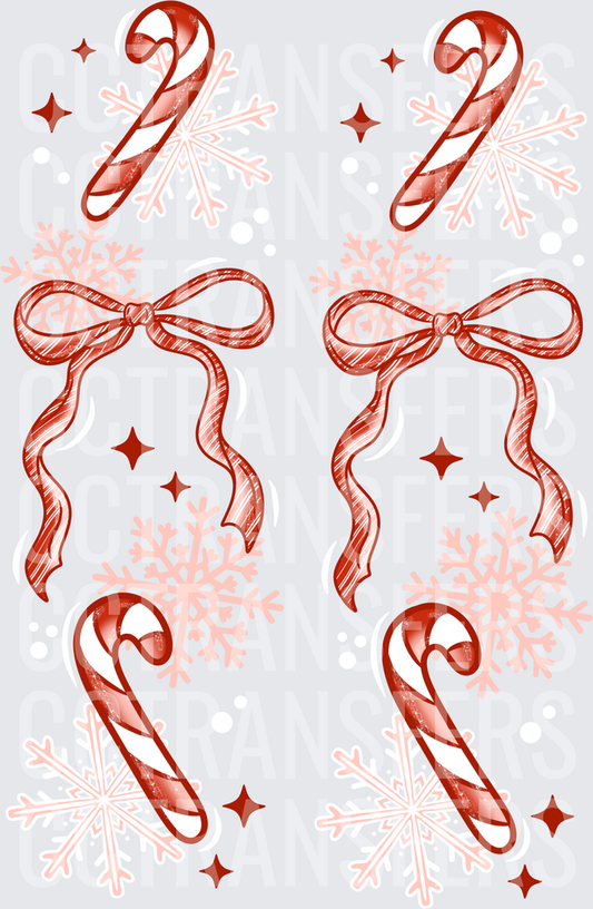 Red Candy Canes Bows Snowflakes Christmas Pattern (DTF)