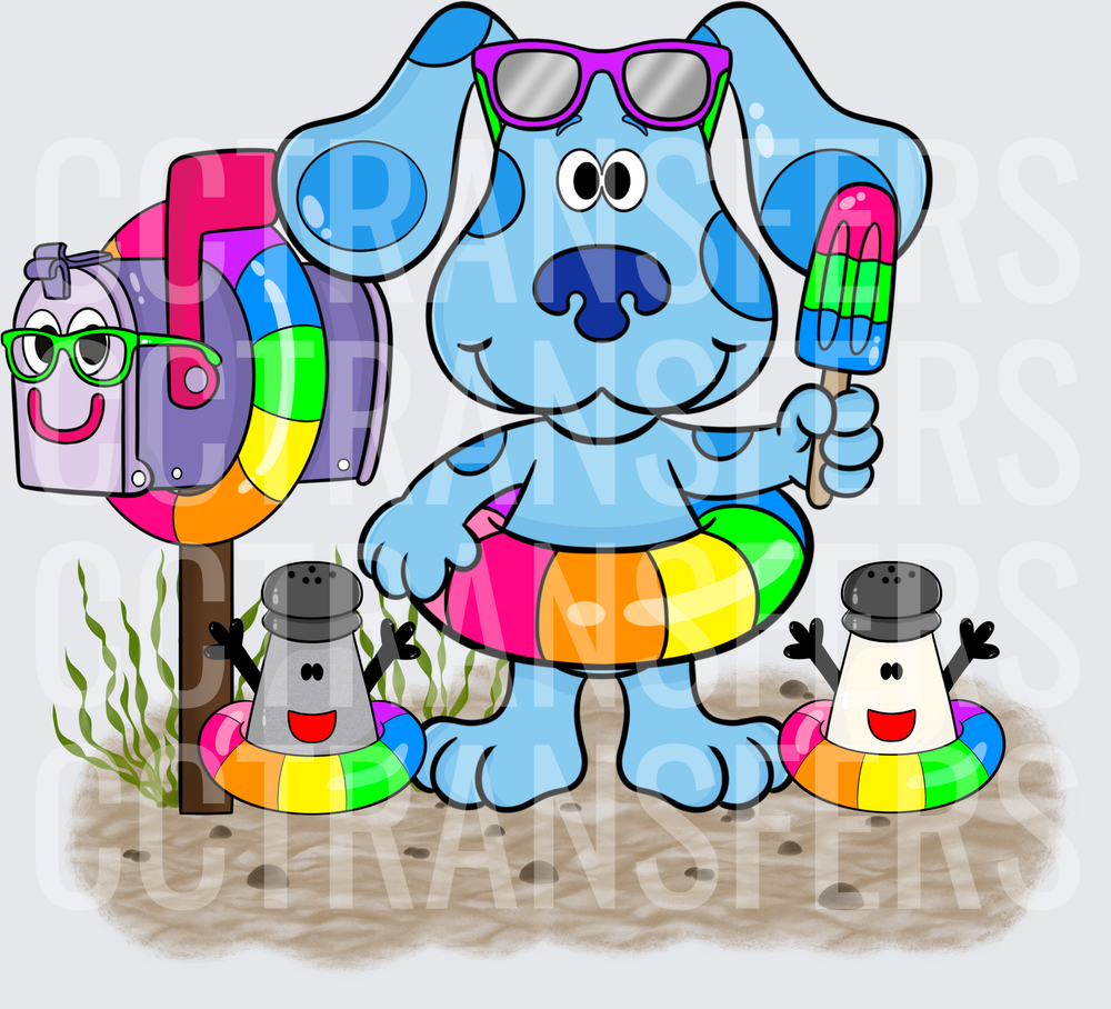 Cartoon Blue Puppy Summer Beach Day Rainbow Float Popsicle (DTF)