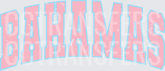 Bahamas Arched Varsity Pink Blue Distressed Letters (DTF)