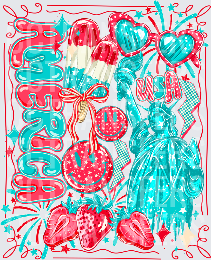 Merica USA Statue of Liberty Retro Red Teal 4th of July (DTF)