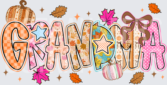 Grandma Fall Patchwork Pumpkin Leaves Bow Letters (DTF)