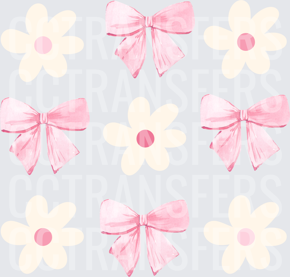 Watercolor Pink Bows and Cream Daisy Floral Pattern (DTF)