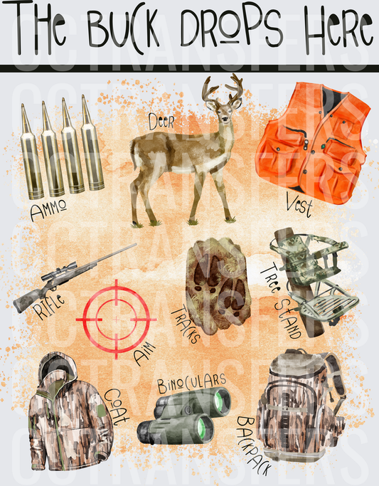 The Buck Drops Here Deer Hunting Gear Collage (DTF)
