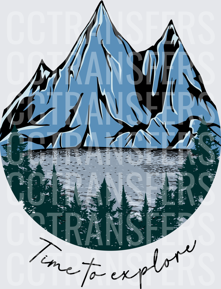 Time To Explore Mountain Lake Pine Tree Scene (DTF)